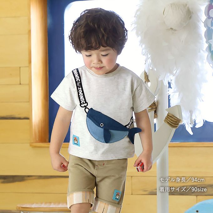 日本 ZOOLAND - 海洋印花短袖上衣-鯨魚口袋-海藍