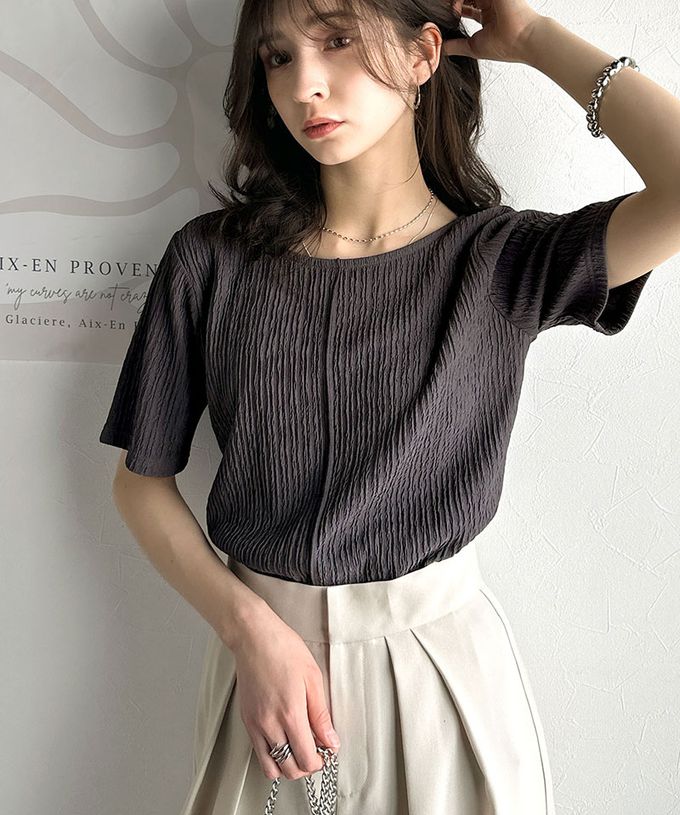 日本 Classical Elf - 前後2way優雅紋理短袖上衣-炭灰