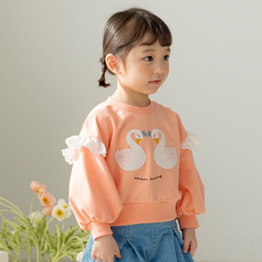 韓國 Orange Mom - 天鵝荷葉泡泡袖上衣-橘