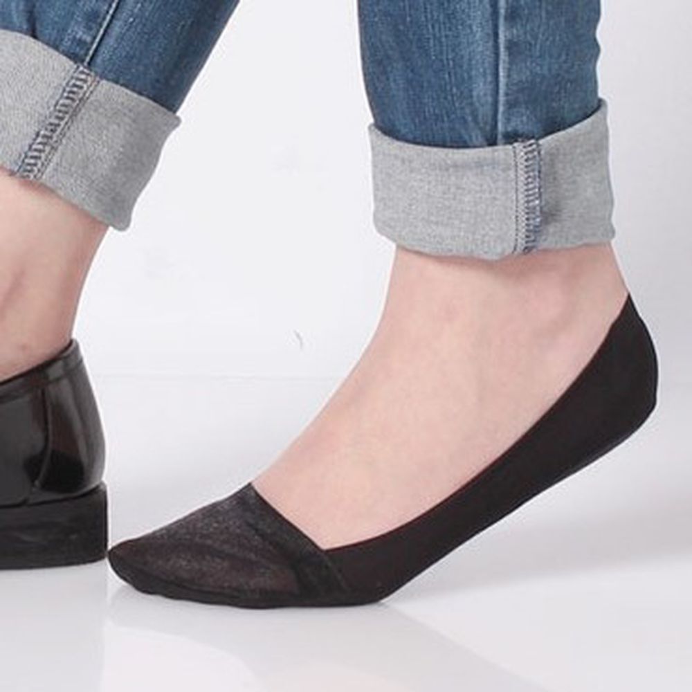 日本 okamoto - 超強專利防滑ㄈ型隱形襪-深履款-黑薄紗 (23-25cm)-足底棉混