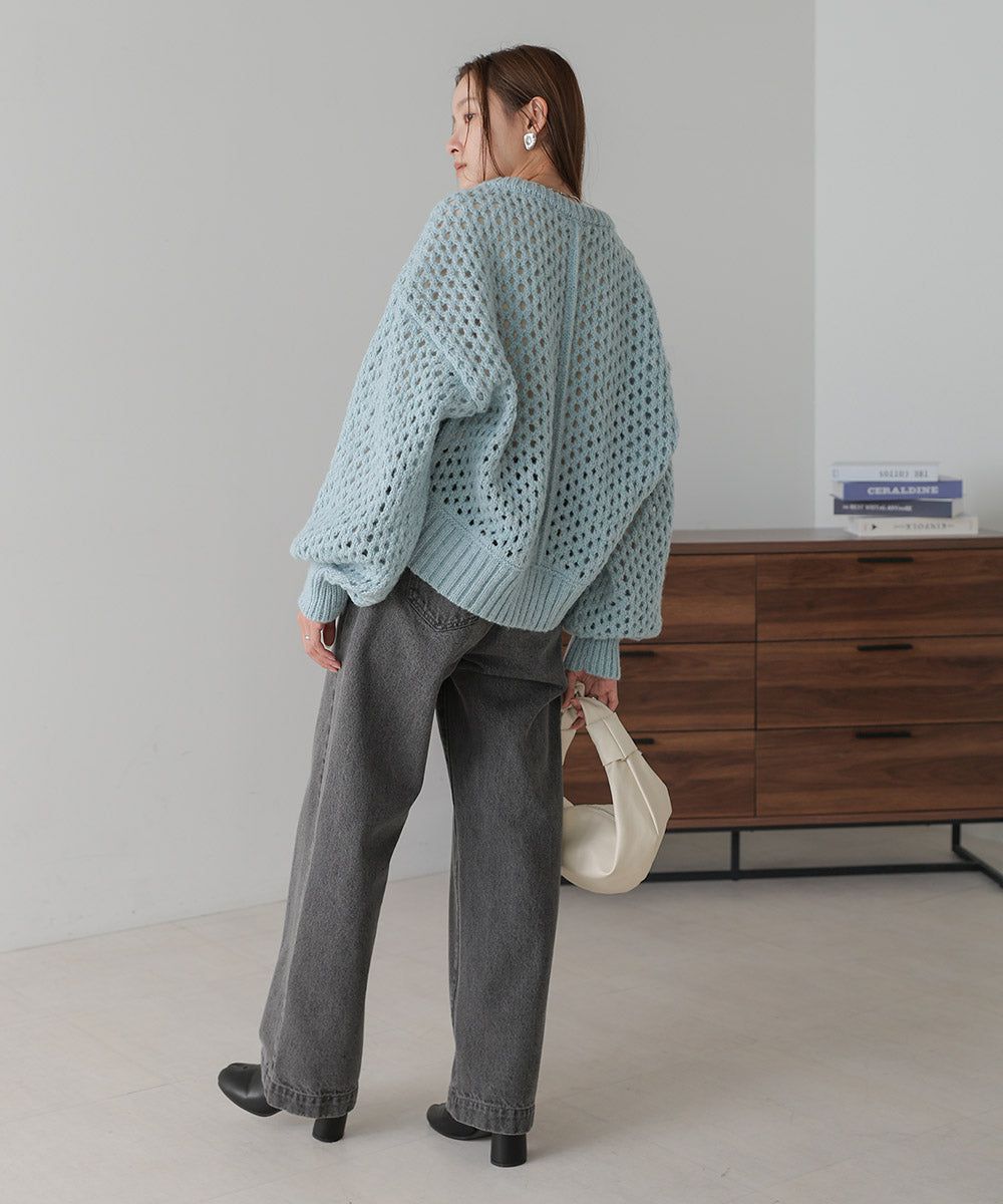日本 Bab - 混羊毛設計感網格針織上衣-摩卡
