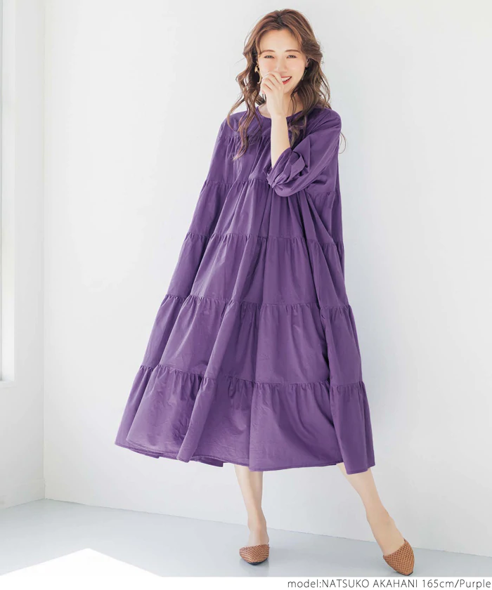 日本 COCA - 純棉氣質超寬鬆A字蛋糕層次長袖洋裝-紫