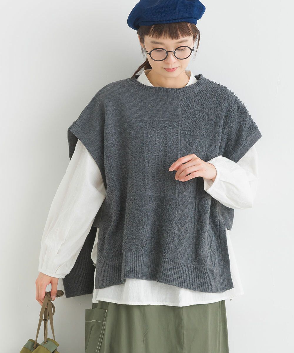 日本女裝代購 - 圓領編織紋拼接針織背心-咖啡