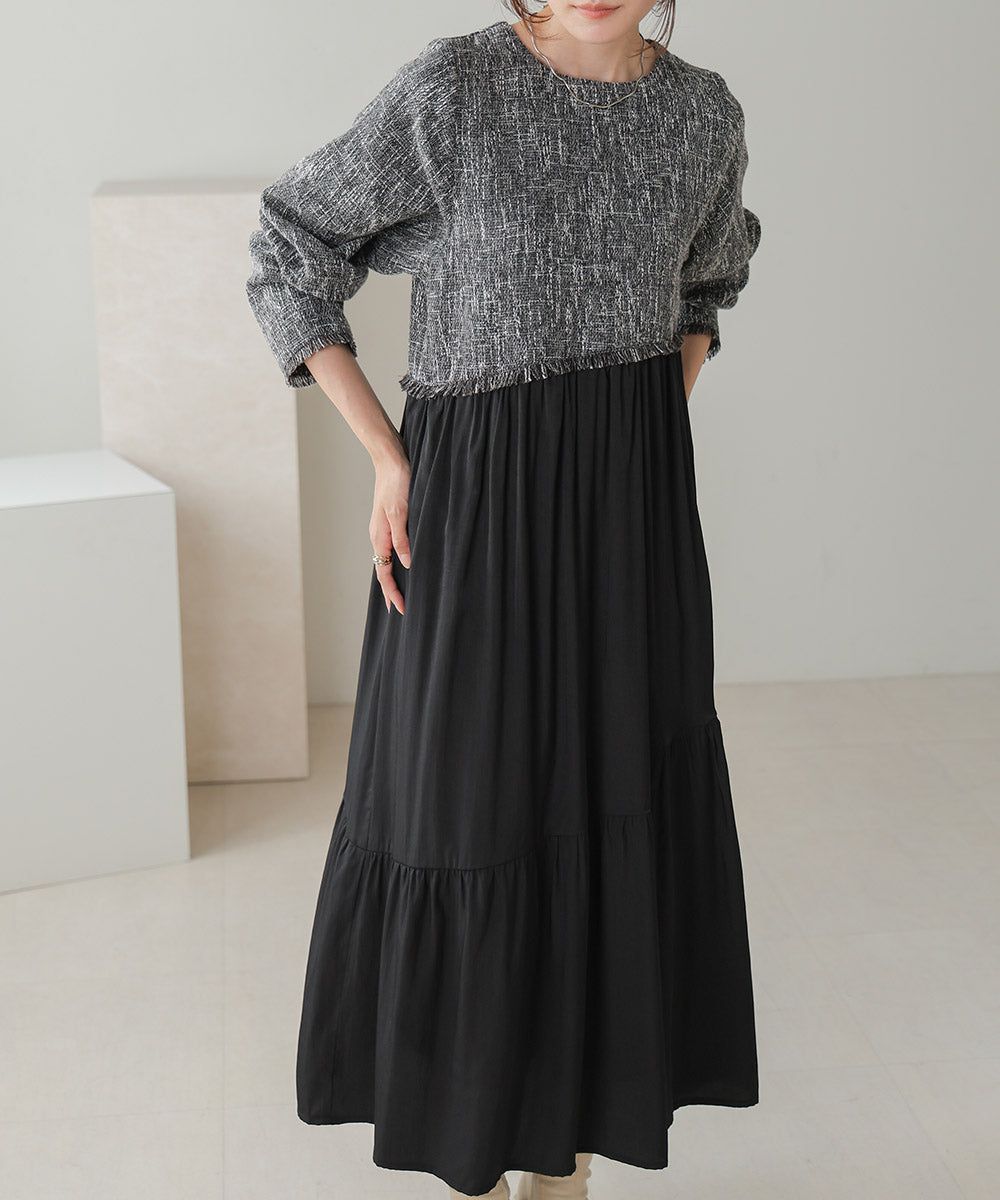 日本 Bab - 仙氣花呢異材質拼接長袖洋裝-黑