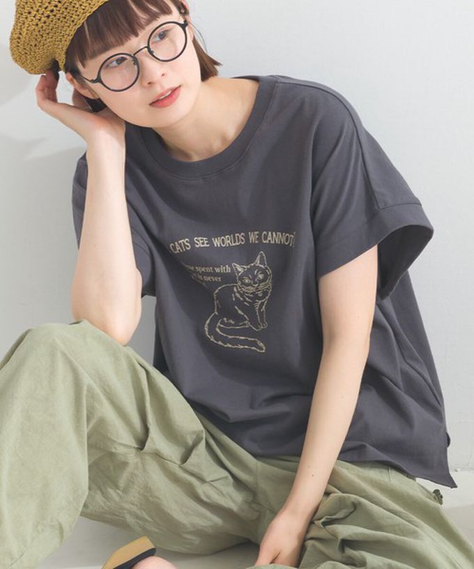 日本 Lupilien - 16OE天竺棉 貓咪印花短袖上衣-炭灰