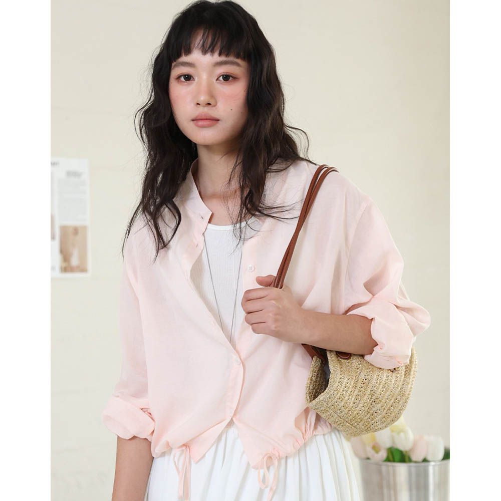 天絲亞麻立領下擺抽繩襯衫-甜茶粉