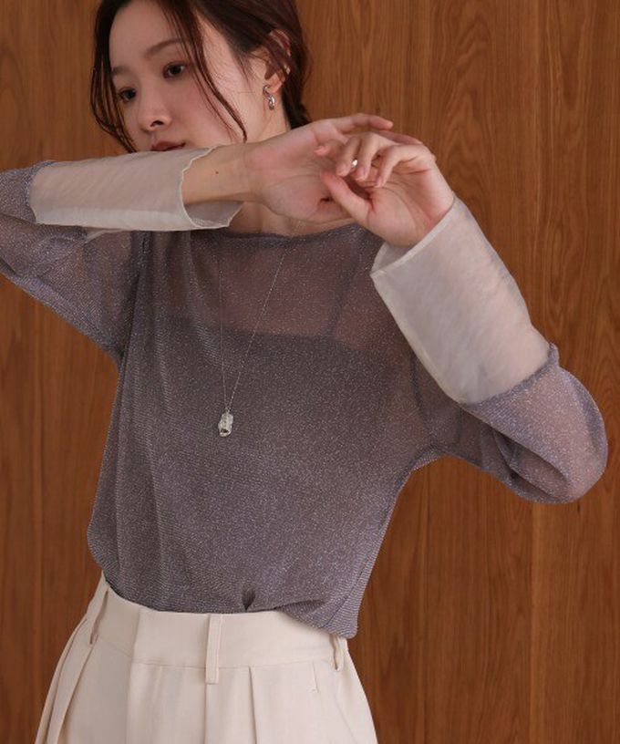 日本 Bab - 亮麗光澤歐根紗拼接透膚薄長袖上衣-淺卡其