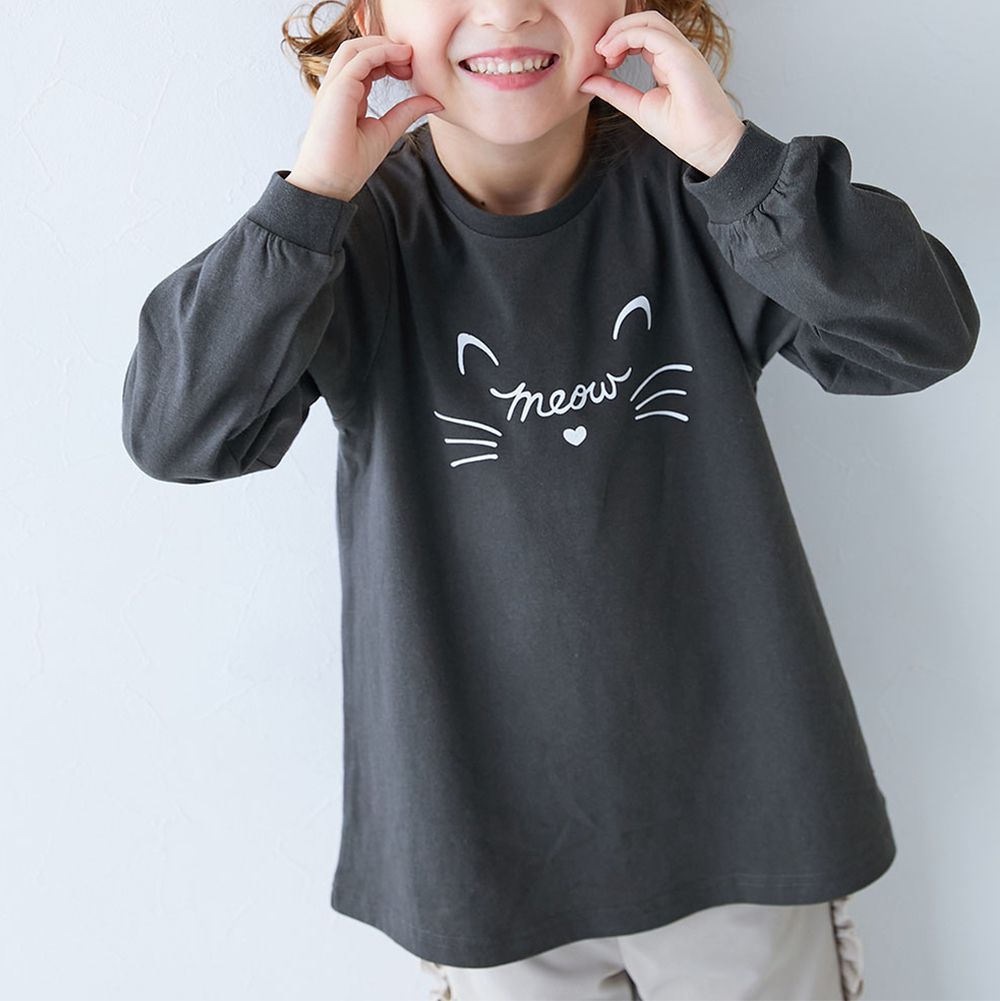純棉甜美印花長版T恤-貓咪臉-炭黑