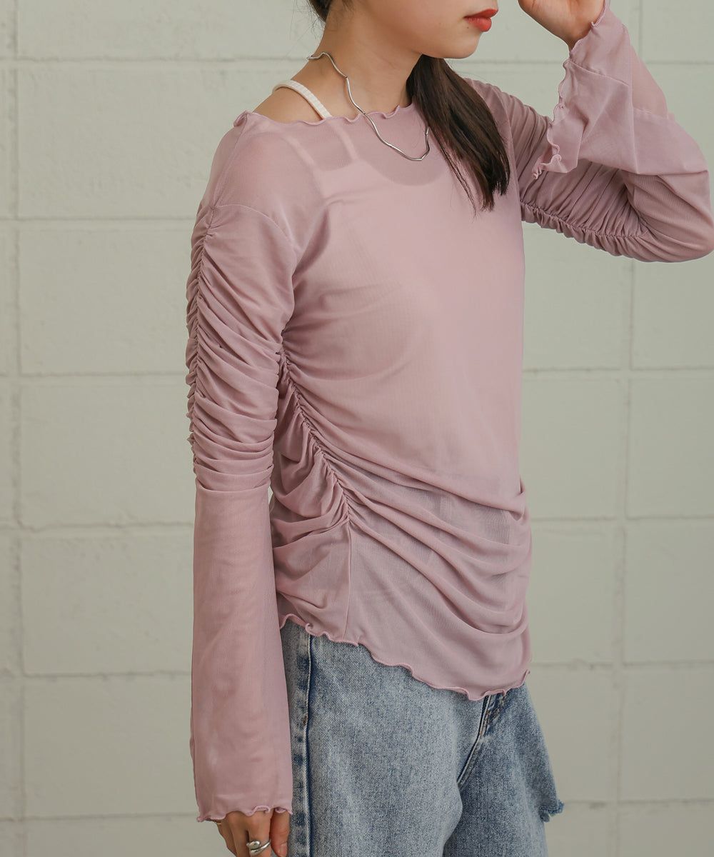 日本 Bab - 時尚透感抓皺長袖內搭/上衣-深可可