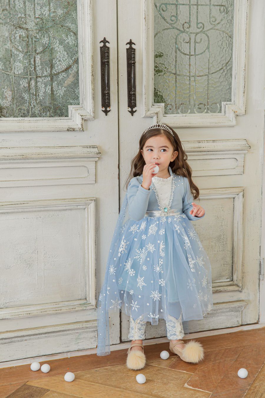 韓國 mari an u - (裏起毛)冰晶雪花女王洋裝(披風可拆)-閃耀藍