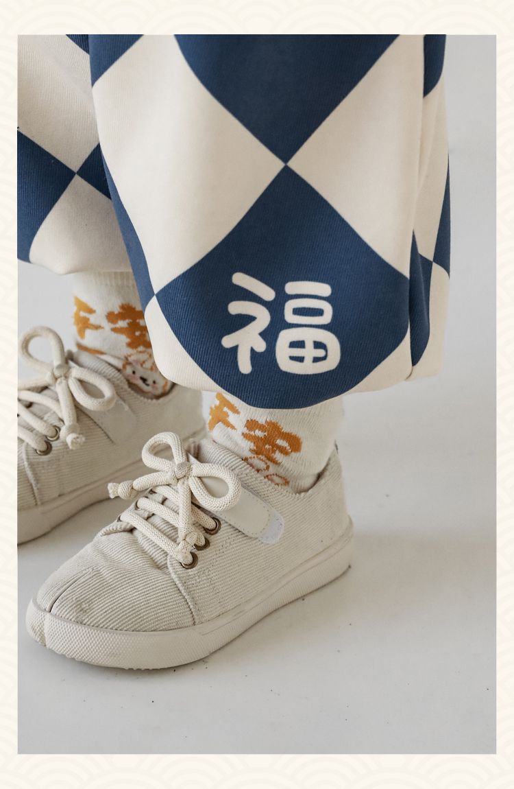 TONGMO - (加絨)喜氣腰鬆緊束口長褲-菱紋福氣兔兔-紅+杏