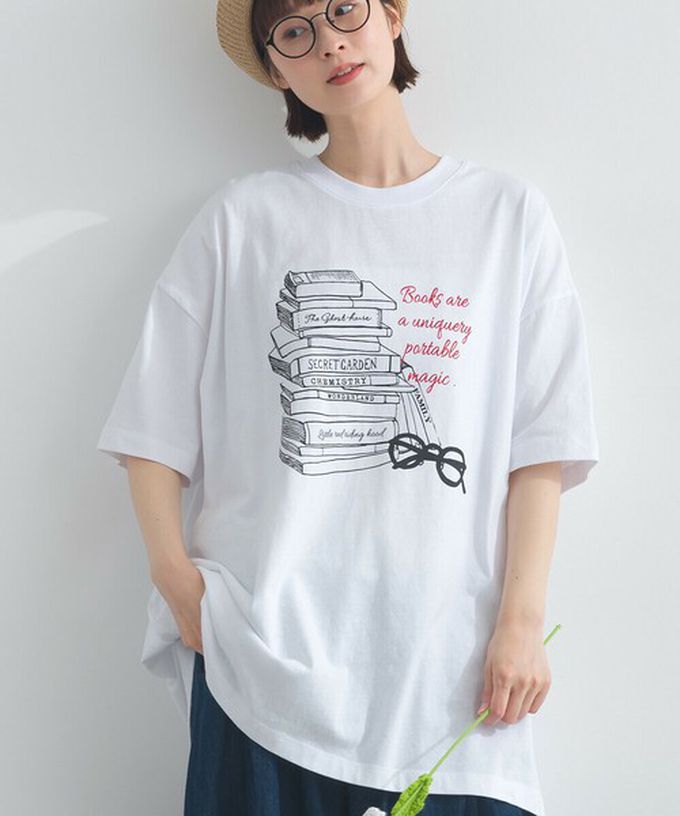 日本 Lupilien - 16OE天竺棉 氣質書籍印花寬鬆短袖上衣-白