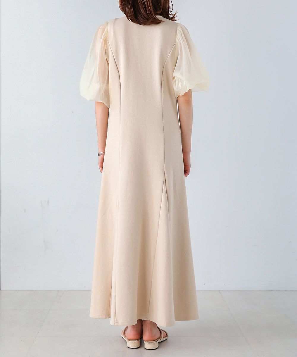 日本 Bab - 浪漫薄紗拼接泡泡袖洋裝-米杏