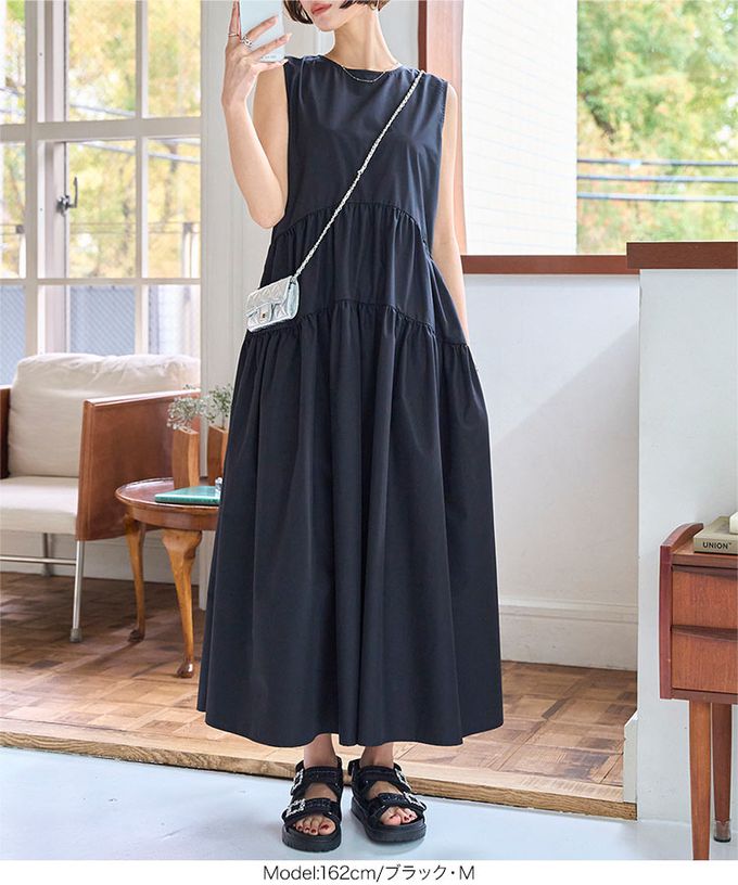 日本 Kobe Lettuce - 渡假風簡約分層無袖洋裝-水藍 (M)