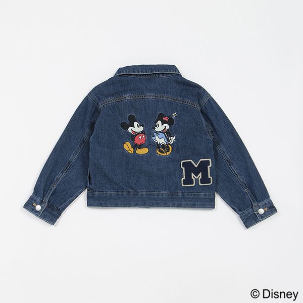日本 petit main - 聯名款 經典印花廓形牛仔夾克-卡通人物米奇米妮-丹寧藍