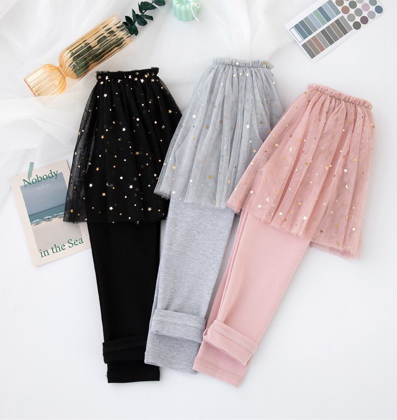 FANMOU - 假兩件亮片紗裙褲裙-星星亮片-黑色