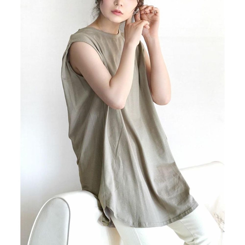 日本 zootie - 100%棉  修身長版無袖上衣-淺灰棕