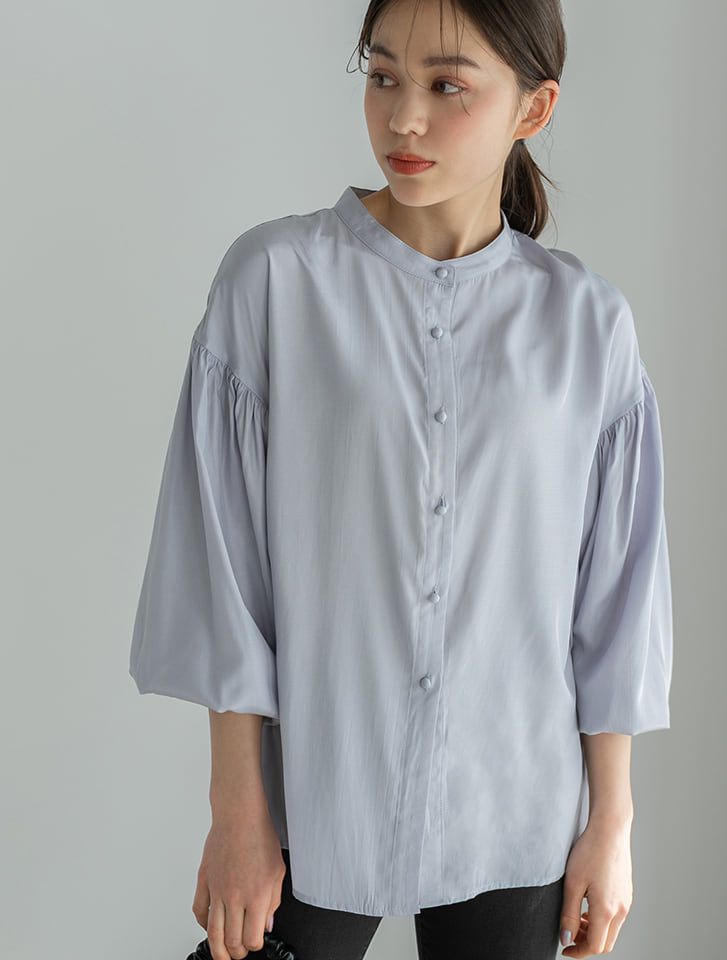 日本 fifth - 微光澤圓領七分澎袖襯衫-灰藍
