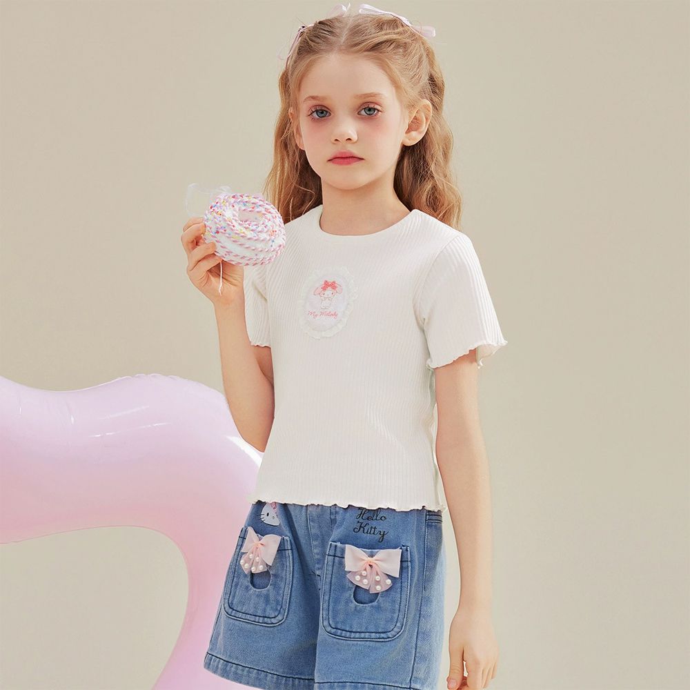 木耳邊修身短袖上衣-卡通人物美樂蒂-白色