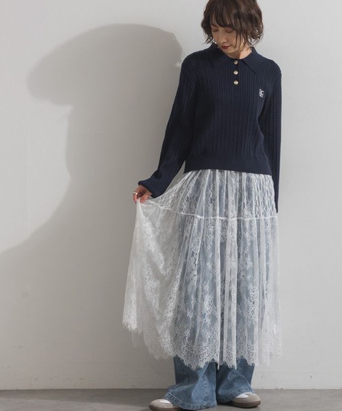 日本 ELENCARE DUE - 奢華睫毛蕾絲飄逸長裙(2件式)-白