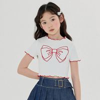 韓國 FORK CHIPS - 蝴蝶結刺繡木耳邊短袖上衣-白