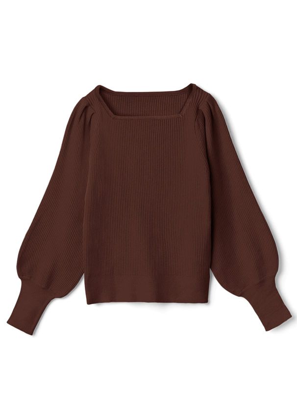 日本 GRL - 方領直羅紋氣球袖針織上衣-玫瑰粉