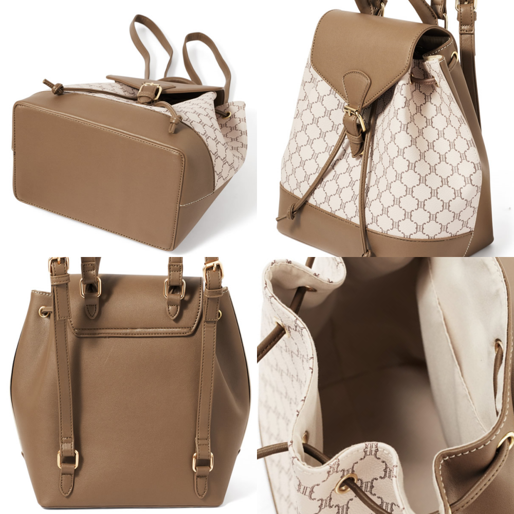 日本 GRL - 滿版花押字撞色拼接束口後背包-深咖啡 (F)