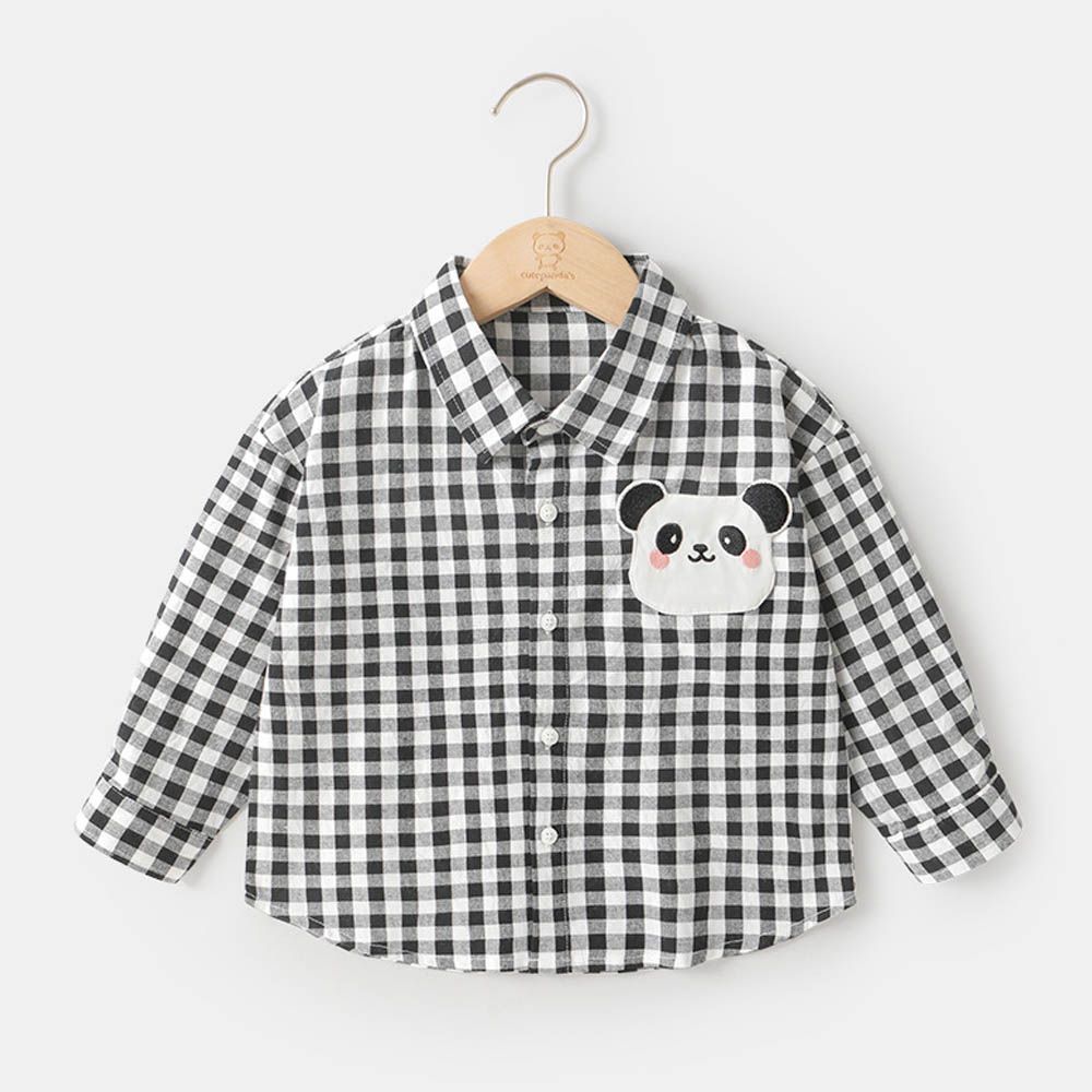 休閒百搭長袖襯衫-小熊貓-黑白格