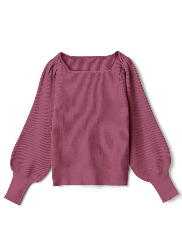 日本 GRL - 方領直羅紋氣球袖針織上衣-玫瑰粉