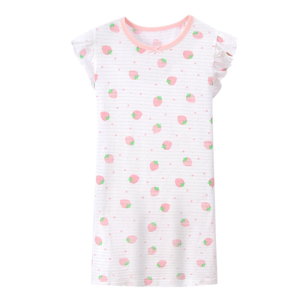 MAMDADKIDS - 竹節棉荷葉袖睡衣/睡裙-滿園草莓-白色