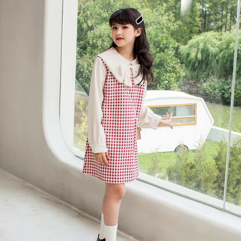 娃娃領泡泡袖格子洋裝-贈小包包-紅+白