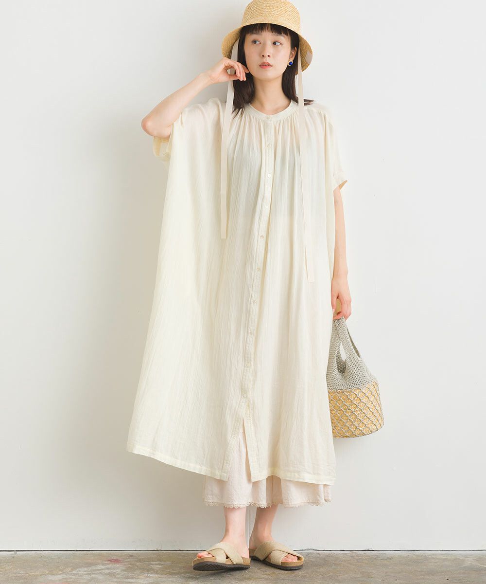 日本女裝代購 - 100%印度棉 文藝感排扣五分袖洋裝-米白