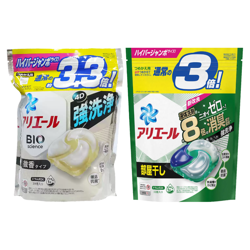日本 P&G - ARIEL清新除臭4D洗衣球-深綠款 室內曬衣用 補充包33入+微香款補充包39入