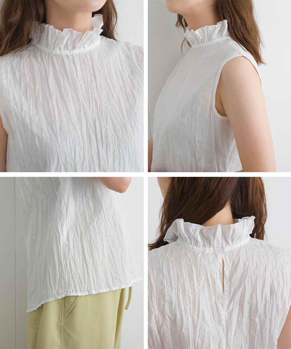 日本女裝代購 - 木耳領楊柳感無袖上衣-直條紋-深灰藍