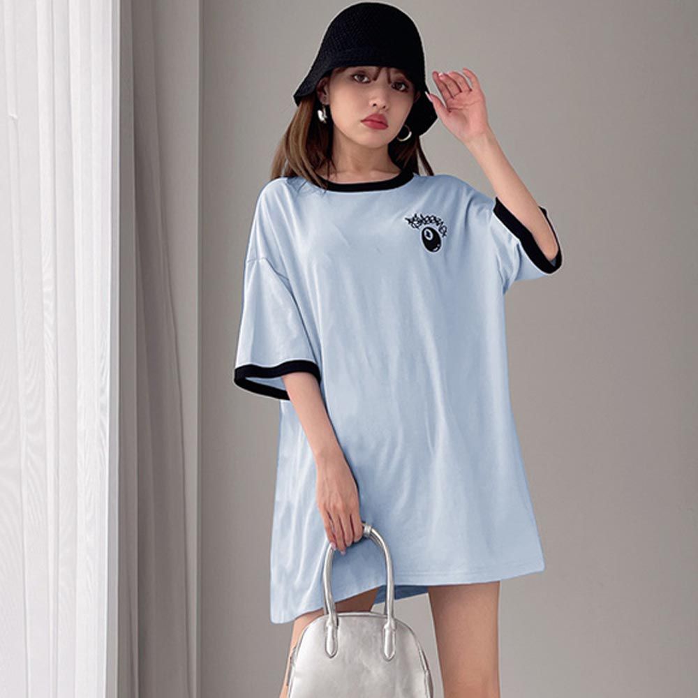 日本 GRL - 街頭風印花休閒長版T恤-水藍 (F)