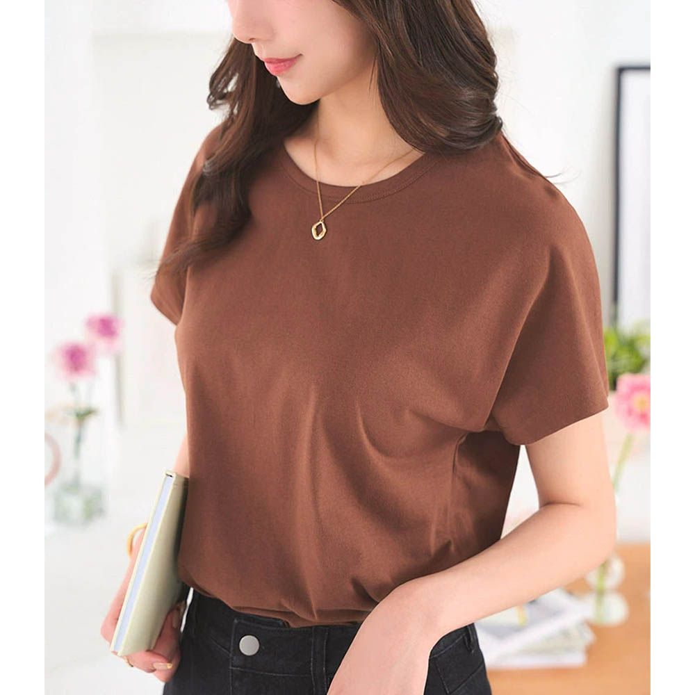 經典定番 純棉圓領短袖上衣-咖啡