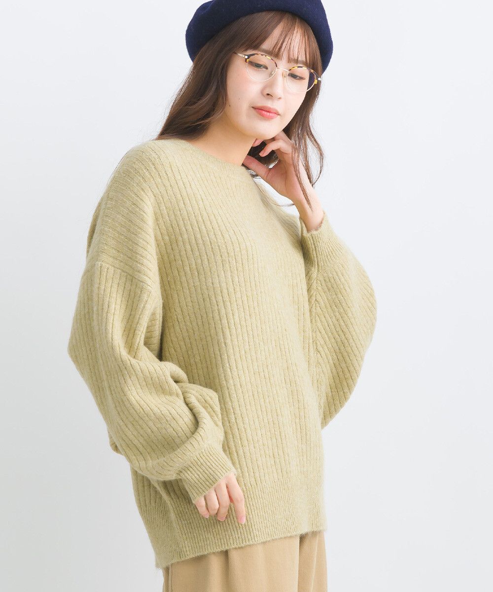 日本女裝代購 - 大寬袖圓領混色針織上衣-米黃