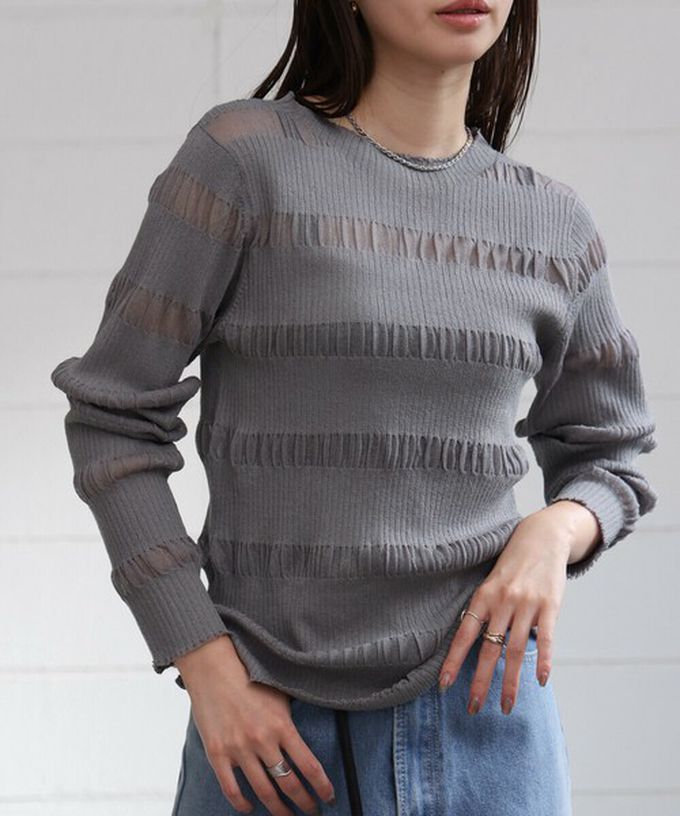 日本 Bab - 魅力條紋透膚針織長袖上衣-米白