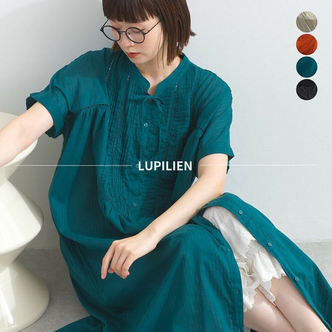 日本 Lupilien - 100%印度棉 細緻鏤空蝴蝶結短袖洋裝-黑