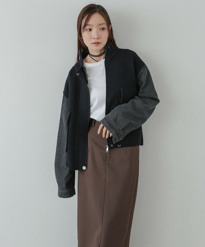日本 Bab - 俐落簡潔丹寧袖拼接夾克/外套-棕系