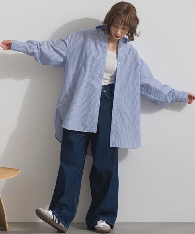 日本 ELENCARE DUE - 2way穿法俐落條紋寬版襯衫-卡其