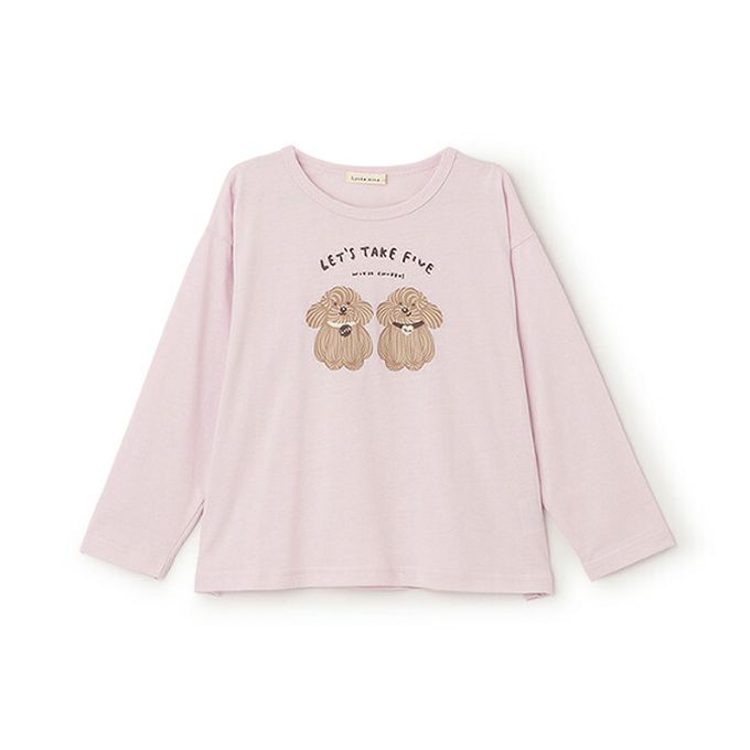 日本 Lycee mine - 100%棉 可愛少女印花長袖上衣-長毛狗狗-淡粉紅