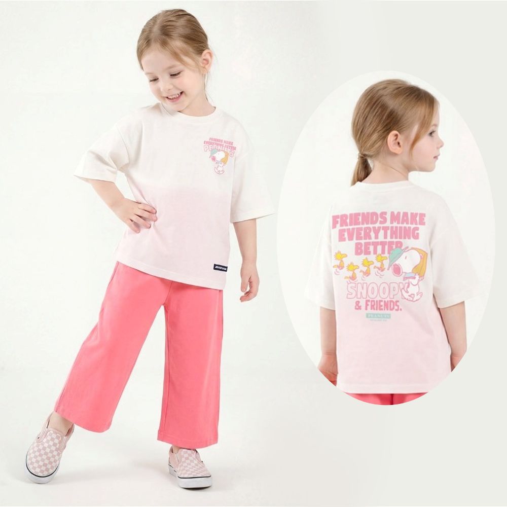 (聯名款)卡通人物史努比短袖上衣X長褲套裝-白X桃紅