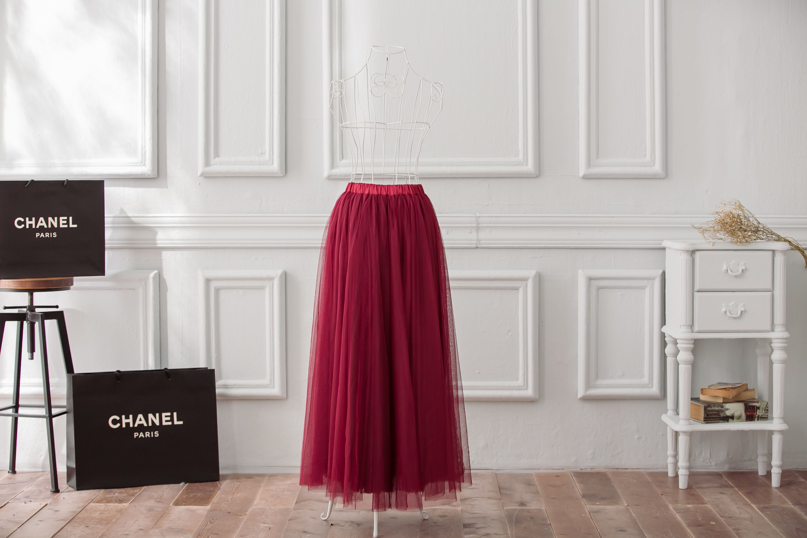 Peachy - 獨家訂製綿柔法式浪漫三層蓬紗裙-三層蓬版-性感酒紅 (F)