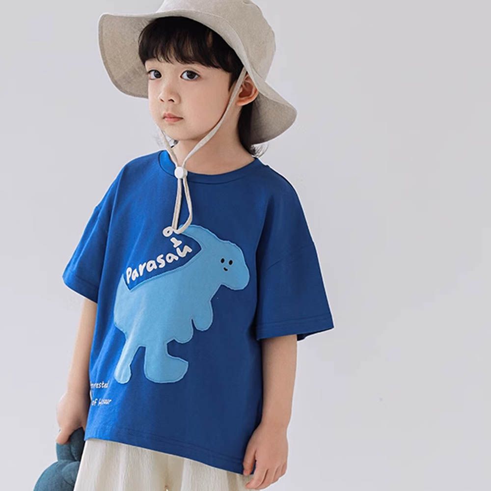 純棉圓領休閒短袖上衣-恐龍貼布繡-藍色