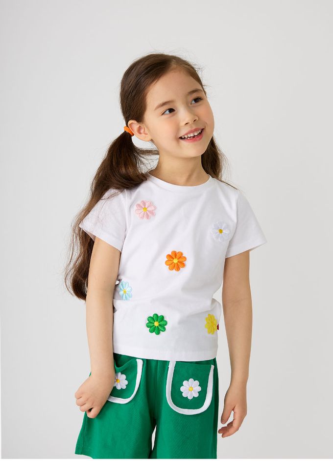 韓國 OZKIZ - 小花印刺繡短袖上衣-白