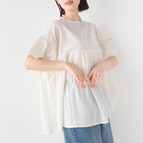 日本 OMNES - 100%印度棉 細摺柔軟寬袖上衣-白色