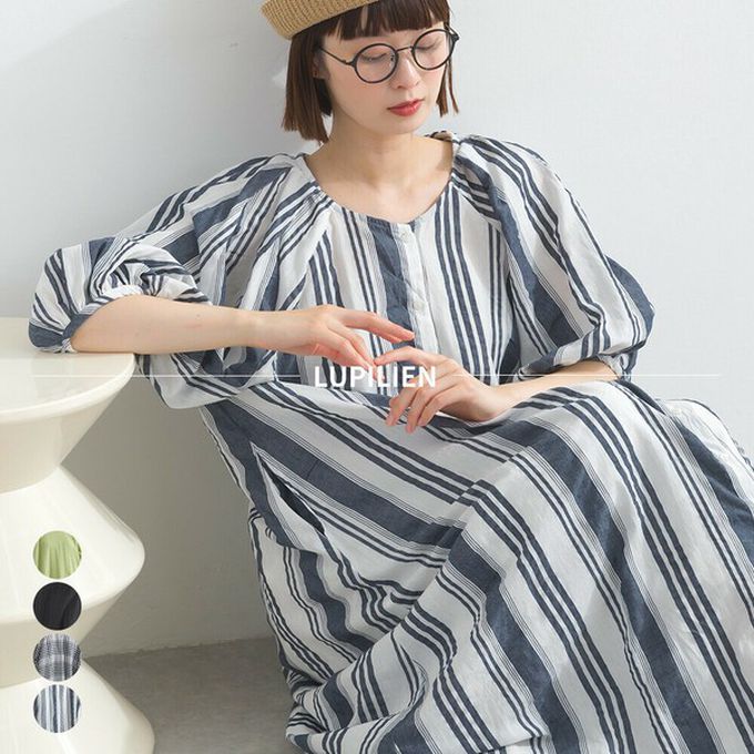 日本 Lupilien - 前後2way 印度棉泡泡袖輕盈洋裝-黑