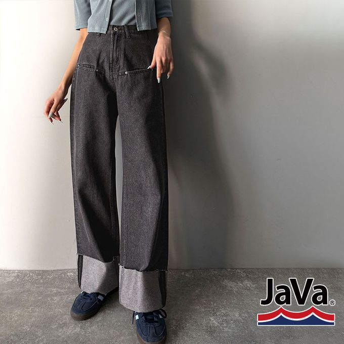 日本 Classical Elf - Java 時尚大反摺修身丹寧寬褲-海軍藍