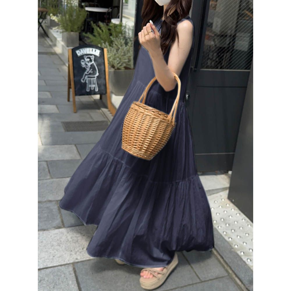 真夏飄逸感分層無袖洋裝-海軍藍 (F)